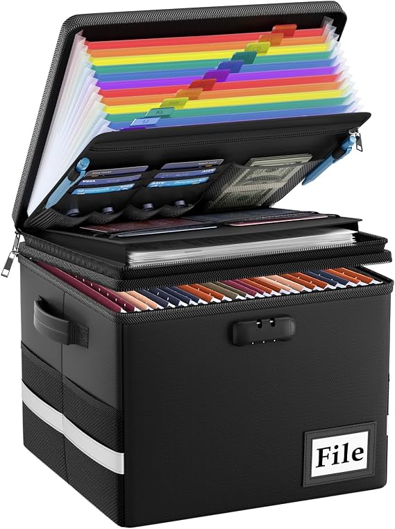 ENGPOW Fireproof Document Box with Locks and Accordion File Folder,Black