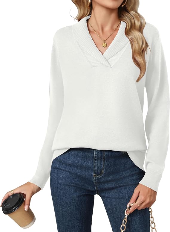 HIYIYEZI Sweaters for Women 2025 Fall Long Sleeve V Neck Collared Knitted Pullover Sweaters