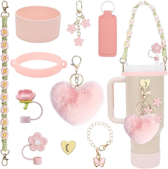 Stanley Cup Accessories Set, 10PCS Stanley Cup Decor Includes Stanley Straw Cover, Water Bottle Handle Strap, Silicone Stanley Cup Boot, Stanley Charms for Stanley Cup Tumbler, Light Pink