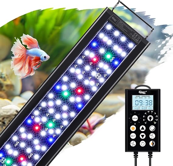 hygger Aquarium LED Light, Full Spectrum Fish Tank Light,Aquarium Plant Lights with Controller & Timer, 5 Modes, 8 Colors, Adjustable 10 Brightness, Extendable Brackets, 46W, 90-105CM [Energy Class F]