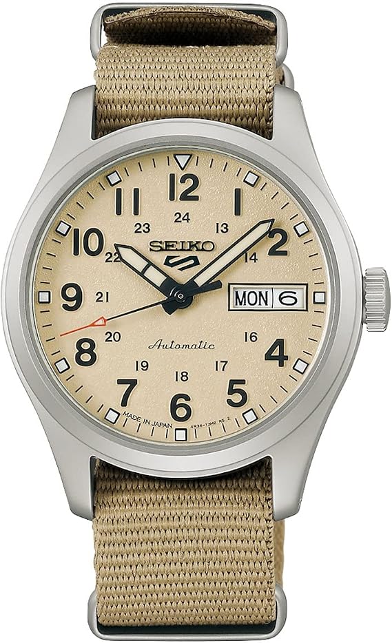 Seiko Watch FIELD Five Sports Mid Size Wristwatch | Date Day Calendar Nylon Strap NATO Strap Dial Beige Stainless Steel