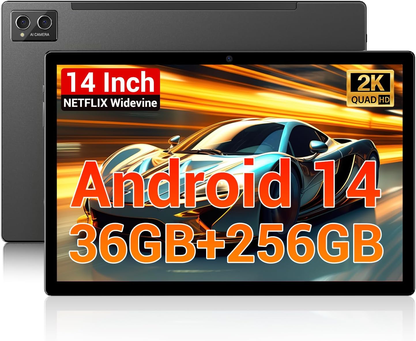 Tablets 2025 14 inch Android 14 Tablet, 36GB RAM, 256GB StorageExpand to 1TB, 2K Display, 8 Core CPU, 11580mAh Battery,4 Speakers, 5G WiFi Tablet with Pen Case-Black