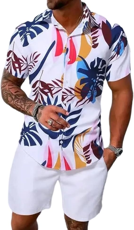 Yimoon Men's Summer 2 Piece Outfits Tropical Print Short Sleeve Button Down Hawaiian Beach Shirt and Shorts Set