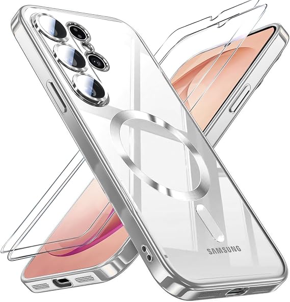 Samsung Galaxy S26 Ultra用ケース、2*スクリーンプロテクター&フルカメラレンズカバーメッキ光沢ソフトTPUシリコンレディースガールズカラーフォンケース、Galaxy S 26 Ultra 5G用、シルバー