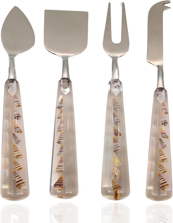 Stainless Steel Cheese Knife Set with Shell Inlay Resin Handles 4-Piece Charcuterie Cutlery for Hard, Soft & Crumbly Cheese Elegant Ocean-Inspired Serving Tools for Parties
