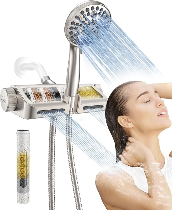 MakeFit Filtered Shower Head with Handheld Combo Brushed Nickel - Dual 2-in-1 Spa System with Massage Shower Head and 10 Modes Hand Held Showerhead, High Pressure, Buit in Power Wash Mode