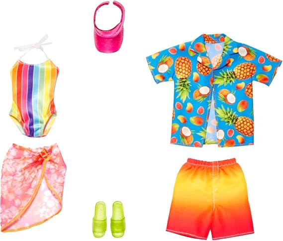 Barbie & Ken Fashions Clothing & Accessories Set, 1 Swimsuit, Sarong & Visor for Barbie Doll and 1 Tropical Shirt, Swimsuit and Shoes for Ken Doll
