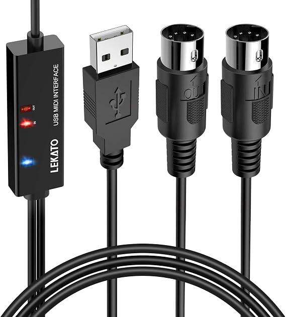 LEKATO USB MIDI Cable, MIDI to USB Cable 6.5Ft with Input & Output Connecting with Keyboard, Synthesizer for Editing & Recording, Midi to USB for Laptop Computer Windows and Mac