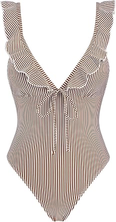 seamoly Vintage Striped Ruffles Trim Tied Plunging Neck One-Piece Swimsuit