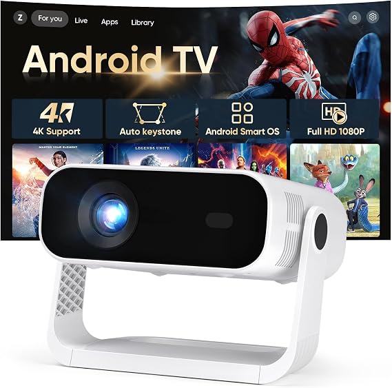 2026 New Smart Projector Built-in Apps Android 14 Native 1080P 4K Supported | WiFi 6 Bluetooth 5.2, 300 ANSI Lumens, Low Fan Noise (<30dB), Portable Mini Projector for Outdoor