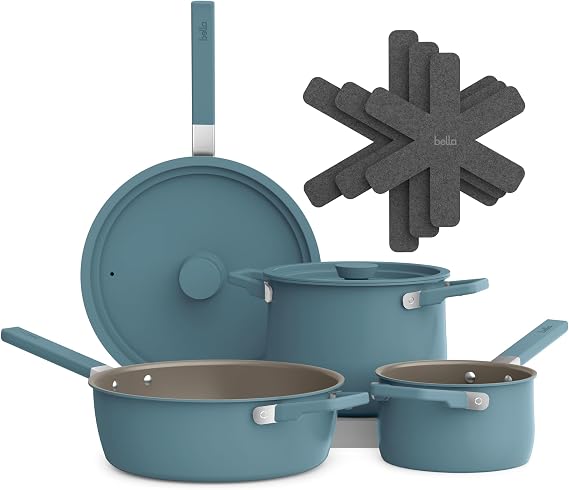 bella 9 Piece Ceramic Nonstick Cookware Set, Fits-anywhereTM Kitchenware w EverGoodTM Coating, Dishwasher & Oven Safe, All Stovetops Compatible, Stackable Design, Cool Touch Handles, Surf