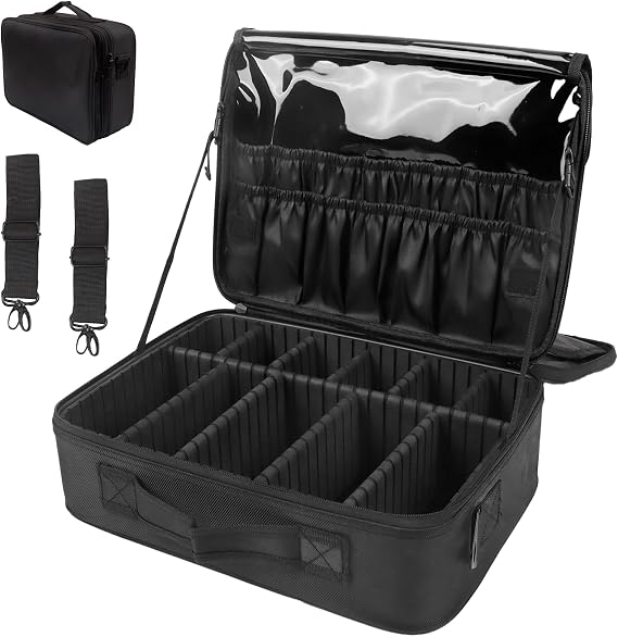 Makeup Bag Extra Large Travel Make Up Bag with Adjustable Compartment Professional Vanity Case Cosmetic Bags Makeup Organiser Bag Beauty Box Train Case Hairdressing Tools and Shoulder Strap, Black