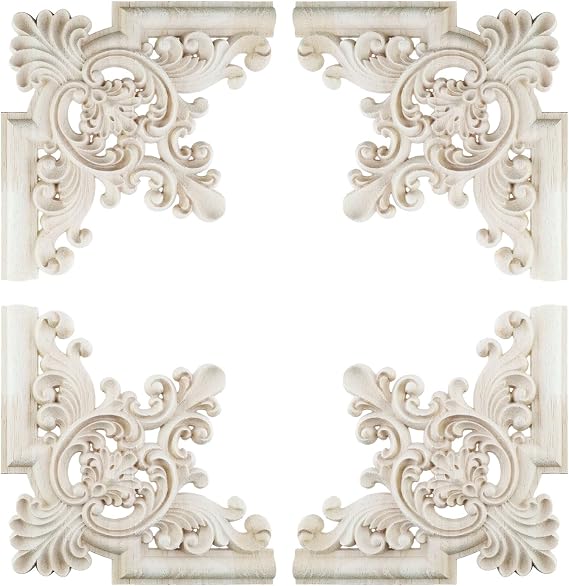 Wood Carved Appliques Onlays, Exquisite Pattern, DIY Carved, 4Pcs | Rubberwood for DIY, Easy Adhesive Mounting, for Cabinet Mirror Dresser Home Decor Wood Trim