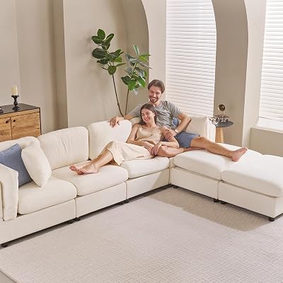 Sectional Sofa with Storage, Modern Convertible 6-Seat Sectional Couches with Chaise for Living RoomBedroomOffice, Includes 4 Cozy Pillows, Easy to Install, Cream White