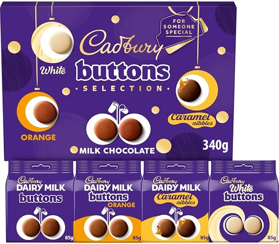 Cadbury Buttons Selection Box, Festive Chocolate Selection Box including Orange, Milk and Caramel Nibbles, Perfect Stocking Filler Gift, 340 g (Pack of 1)