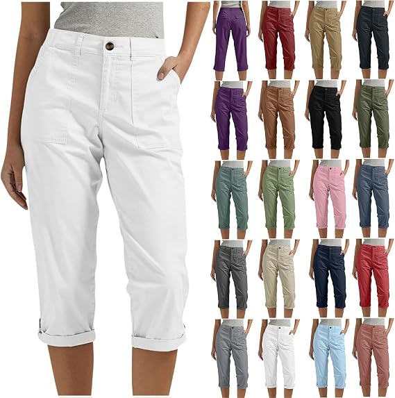 Capri Pants for Women Casual Summer Spring Stretch Straight Leg Cargo Capris with Pockets Rolled Hem Cropped Trouser