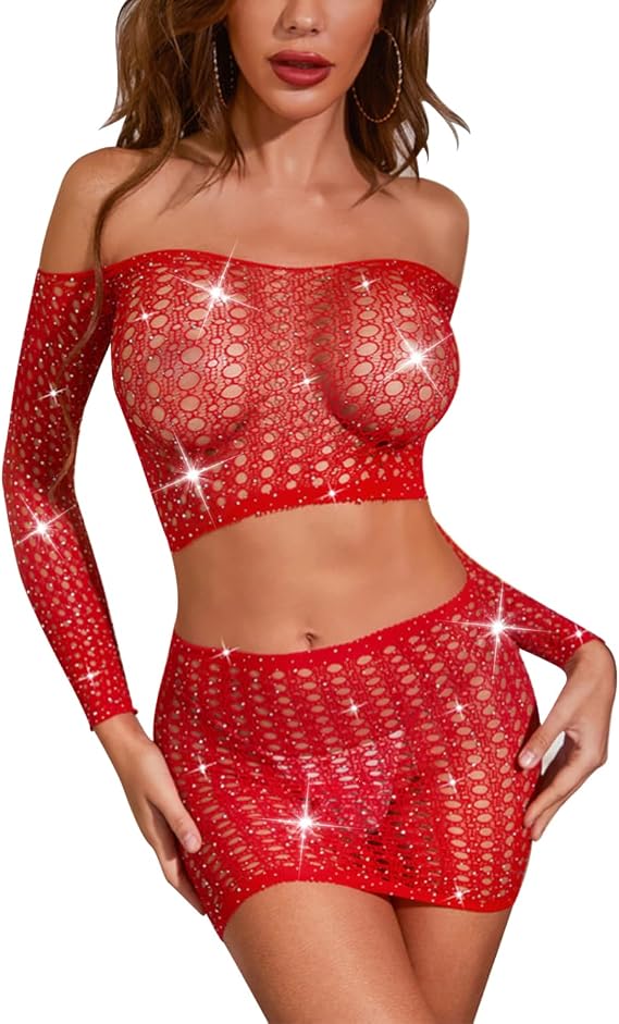 Women's Fishnet Lingerie Set for Women Sparkly Rhinestone Off Shoulder Two Piece Lingerie Set Stripper Outfit
