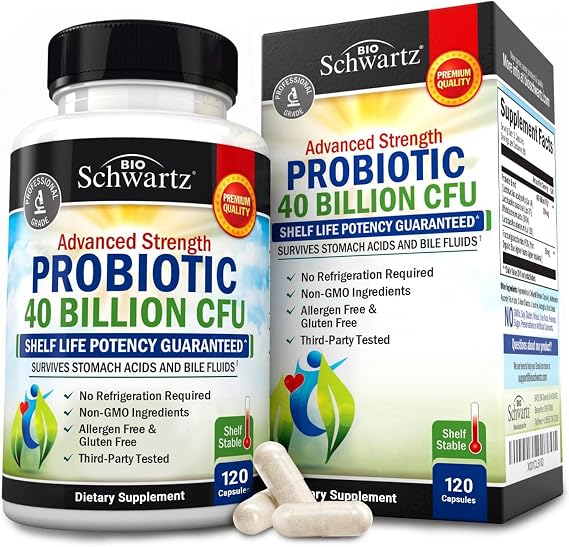 Probiotic 40 Billion CFU with Organic Prebiotics for Gut Health, 120 Count | Probiotics for Men and Women, Immune & Digestive Health Support with Lactobacillus from BioSchwartz, Non-GMO, Shelf Stable
