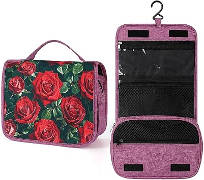 Red Rose Romantic Travel Toiletry Bag for Women,Hanging Toiletry Organizer with Hook, Makeup Bag Travel Organizer for Shampoo,Toiletriesl