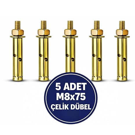 M8x75 Çelik Dübel, Gömlekli Genişleme Civatası, 5 Adet, Raf ve Tavan Montajı için Sabitleme Aparatı
