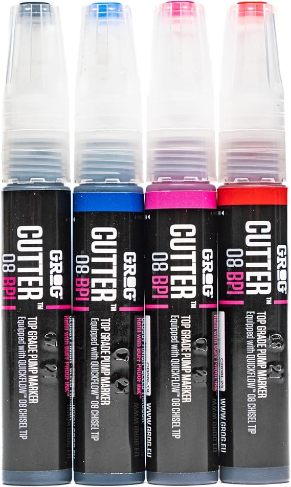 Grog Cutter 08 BPI Buff Proof Ink Marker Bundle, Pack of 4 8mm Gloss Multi Color Graffiti Art Drawing Pens, Fade Resistant Quick Flow Chisel Nib