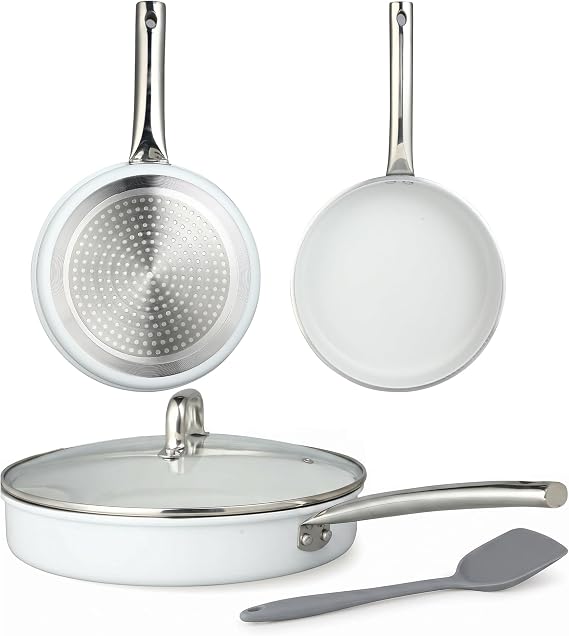 5 Piece Cookware Set, Aluminum Nonstick Frying Pan Set with Glass Lid and Silicone Turner, PFAS and PFOA Free, Induction Compatible Pots and Pans for All Stovetops