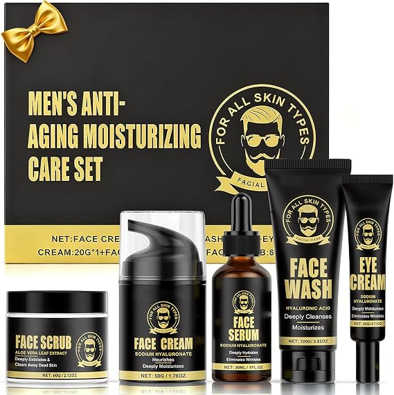Men's Anti-Aging Care Set - Day & Night Moisturizer, Eye Cream, Anti-Wrinkle Serum - Combat Fine Lines, Revitalize Skin - 5 Piece Gift-Ready Kit