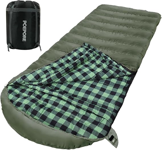 0 Degree Sleeping Bag 100% Cotton Flannel XXL Cold Weather Winter Oversized Sleeping Bag for Adults Camping Zero Degree Big and Tall with Compression Sack