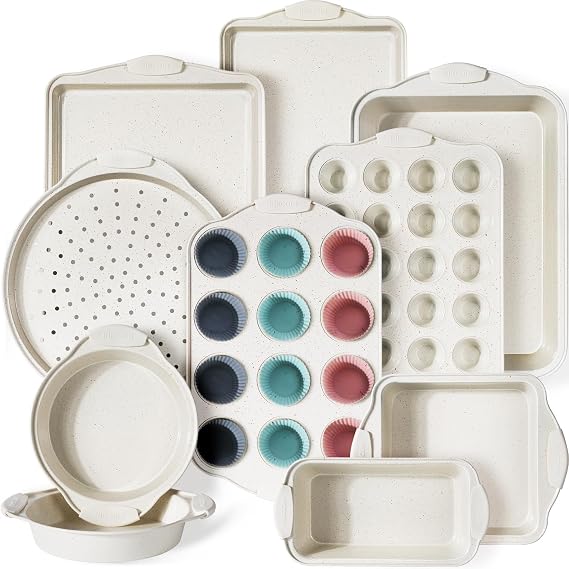 Kikcoin 22 PCS Nonstick Baking Pans Set, Stackable Bakeware Sets with Silicone Handles, 450F Oven Safe Baking Sheet Set, Easy Release Cookie Sheets for Baking, Cream