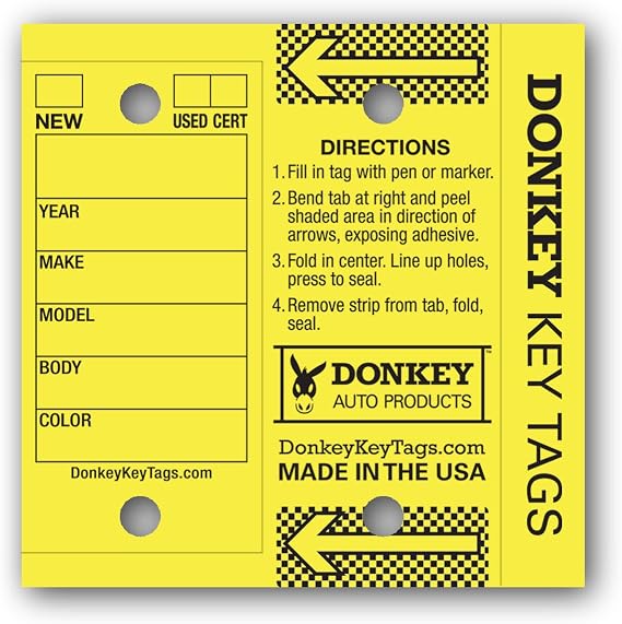 Donkey Key Tags - Half Pack - Laminated Self-Protecting (125 Tags Per Box with Metal Rings) (Yellow)