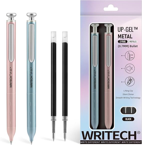 WRITECH Gel Pens Fine Point: Premium Metal Barrel Retractable 0.7mm Black Ink Pen 2ct with 2 Refills No Smear & Bleed Quick Dry Smooth Writing Silent Click Luxury Up-Gel
