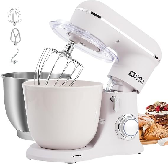 Kitchen in the box Stand Mixer,4.5L+5L Dual Bowl Food Mixer for Home Baking | 10 Speeds Electric Kitchen Mixer with Dough Hook, Whisk, Beater for Cake, Bread & Pizza Dough, 1300W for Baking (Grey White)