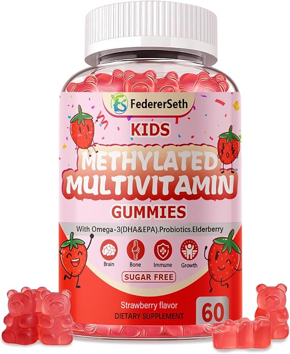 Kids Multivitamin Gummies for Picky Eaters, Methylated Multivitamin for Kids 4+ with Omega 3 DHA EPA, Methylfolate B12, Probiotics, Elderberry, Calcium D3 K2, 0g Sugar, Brain Immune Bone, 60 Ct