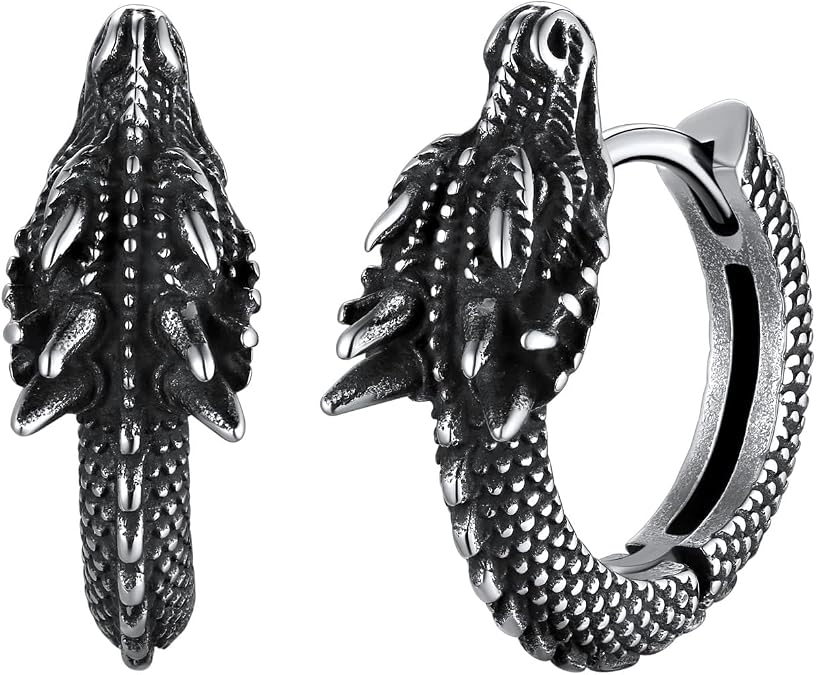 U7 Dragon Earrings Stainless Steel/18K Gold/Black/S925 Sterling Silver Hoop Earrings for Men Women, Personalized Punk Rock Huggie Earrings, Hypoallergenic