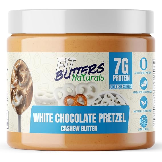 Fit Butters High Protein Naturally Sweetened Cashew Butter - Added Protein and Coconut Oil, Low Sugar, Complete Protein Dessert Flavored Natural Nut Butter (White Chocolate Pretzel)