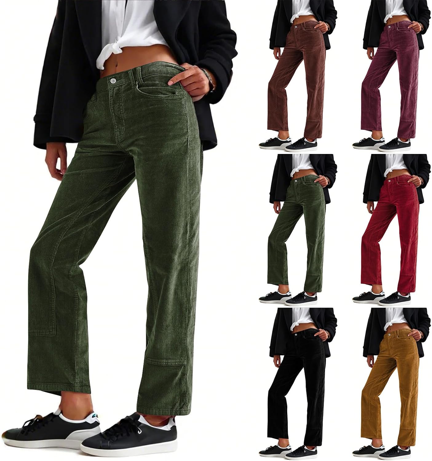 Womens Brown Corduroy Pants, Elastic Waist, Straight Leg, Ankle Length, Casual, Loose, Comfy, Mid Rise, Plus Size, Adults