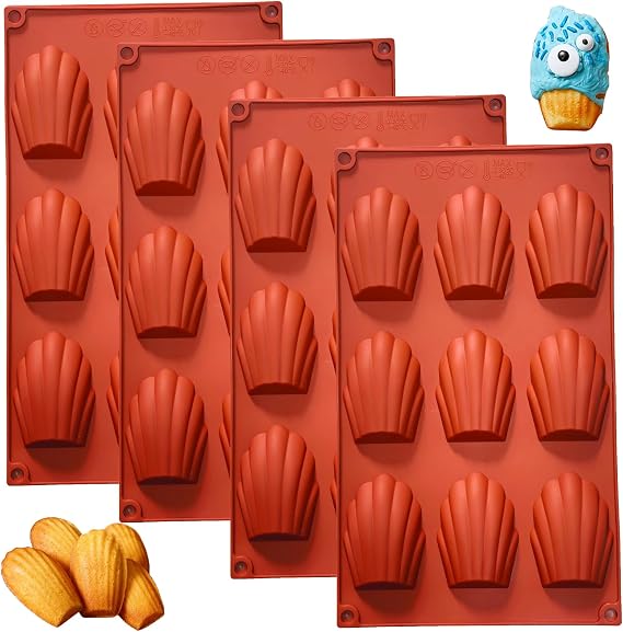 Madeleine Pans for Baking, 4Pcs 9-Cavity Non-stick Silicone Madeleine Cookies Trays for Baking, Shell Shape Madeleine Mold Cake Pans