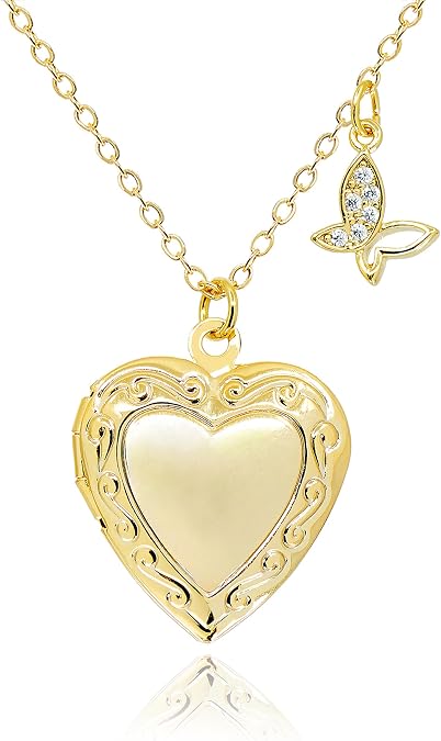 Heart Locket and Butterfly Pendant Necklace for Women Girls 14K Gold Plated Photo Lockets that Hold Picture Jewelry Mothers Day Love Gifts Ideas [HN-LK]