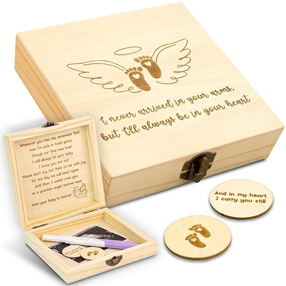 Miscarriage Memorial Box, Wood Keepsake with 2 Pocket Hugs, Large | wooden box 5.52x5.52x1.4 in, 2 round wooden pocket hugs, infant loss and pregnancy loss keepsake