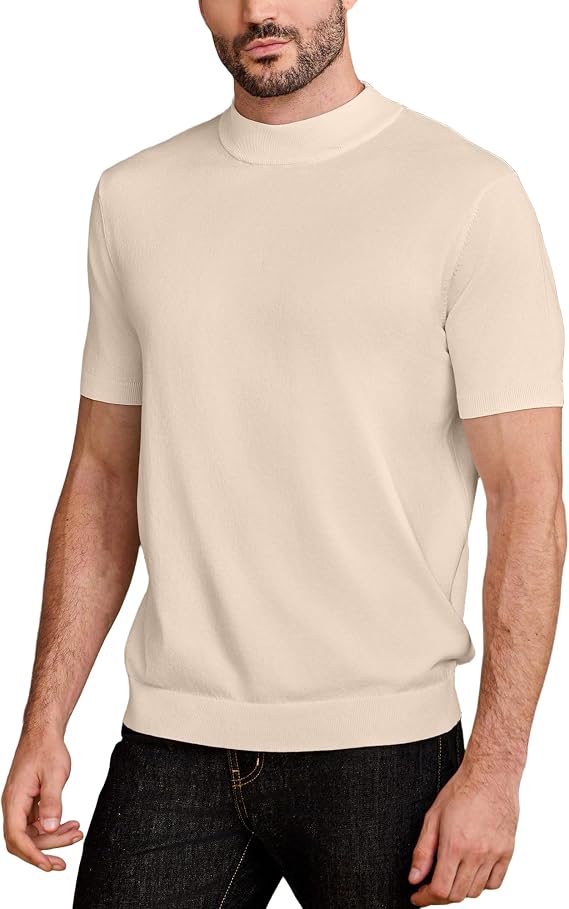 Kallspin Men's Short Sleeve Mock Neck T-Shirt Lightweight Knit Top Casual Sweater Tee Versatile Style