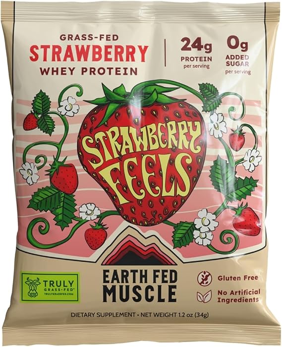 Earth Fed Muscle Strawberry Feels Forever Whey Protein, Single Serve