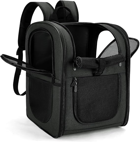Apollo Walker Pet Backpack for Dogs and Cats Black | Breathable mesh, stable base, spacious interior, padded back, wide shoulder straps, safety clip