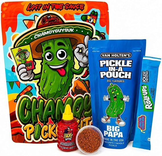ChamoyGuysUK Dill Pickle Kit | Includes 1 x Dill Pickle, 1 x Fruit Roll Up, 1 x Lucas Gusano Chamoy or 1x Mini Homemade Bottle of Chamoy, 1 x Chamoy Guys Tajin