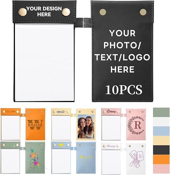 10PCS Custom Memo Pads with Logo/Text/Image, Blank Pocket Notepad | Small Top Bound Note Pads, 300 Pages A6 Leather Hardcover Notebook, Replaceable Inner Core, Assorted 7 Colors