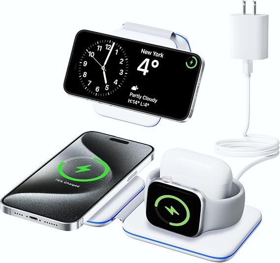 Charging Station for Apple Multiple Devices, 3 in 1 Magnetic Wireless Charger Dock for iPhone 15/14/13/12/Pro/Plus/Max, Travel Charger for Apple Watch 9/8/Ultra 2/7/6/SE/5/4/3 & AirPods 1/2/3/Pro