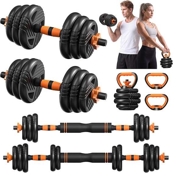 Adjustable Dumbbell Set, 33/44/66/88lbs Free Weights Set with Connector, 5 in 1 Weights Dumbbells Set Used as Barbell, Kettlebells, Push up Stand, Weight Plate, Fitness Exercise for Home Gym Workout