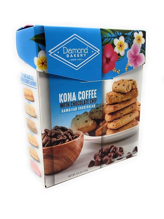 Diamond Bakery - Hawaiian Shortbread Cookies New Flavors - 4.4 oz Individually Wrapped (Kona Coffee with Chocolate Chip)
