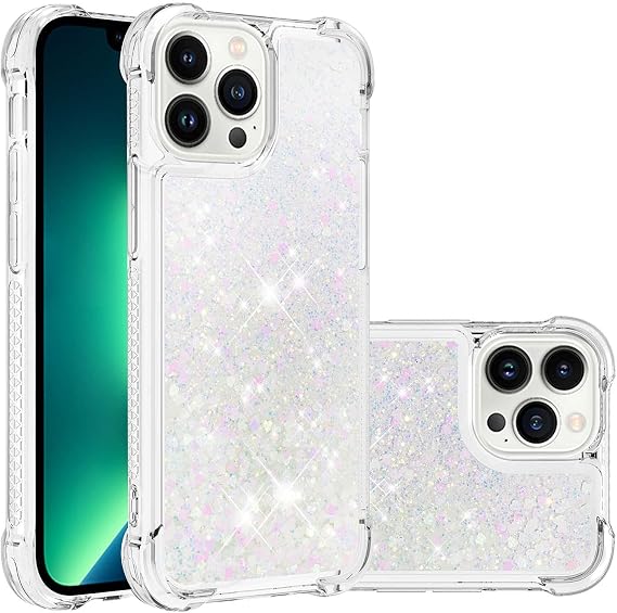 LEMAXELERS for iPhone 14 Pro Bling Glitter Liquid Case. YBL Silver Pink