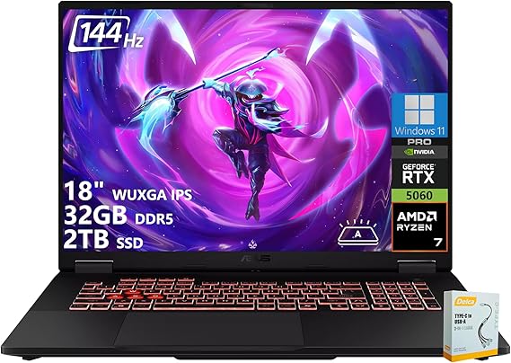 ASUS TUF Gaming A18 Gaming Laptop | 18" WUXGA IPS 144Hz | AMD 8-Core Ryzen 7 260 | 32GB DDR5 2TB SSD | NVIDIA GeForce RTX 5060 (572 AI Tops) | Backlit Keyboard USB 4 Win11 Pro w/DLCA Accessory