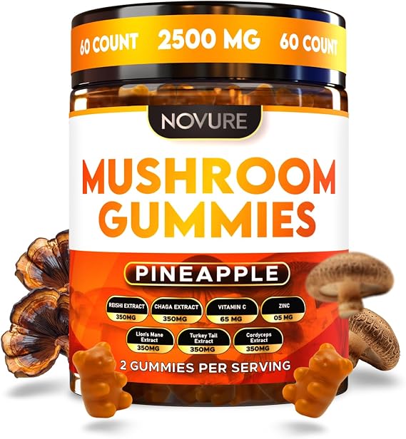2500 MG Mushroom Gummies, 14 in 1 Blend with Lions Mane, Cordyceps, Turkey Tail, Reishi, Chaga, Maitake, Zinc, Vitamin C and B, Mushroom Gummies for Adults (60 Count, Pineapple)